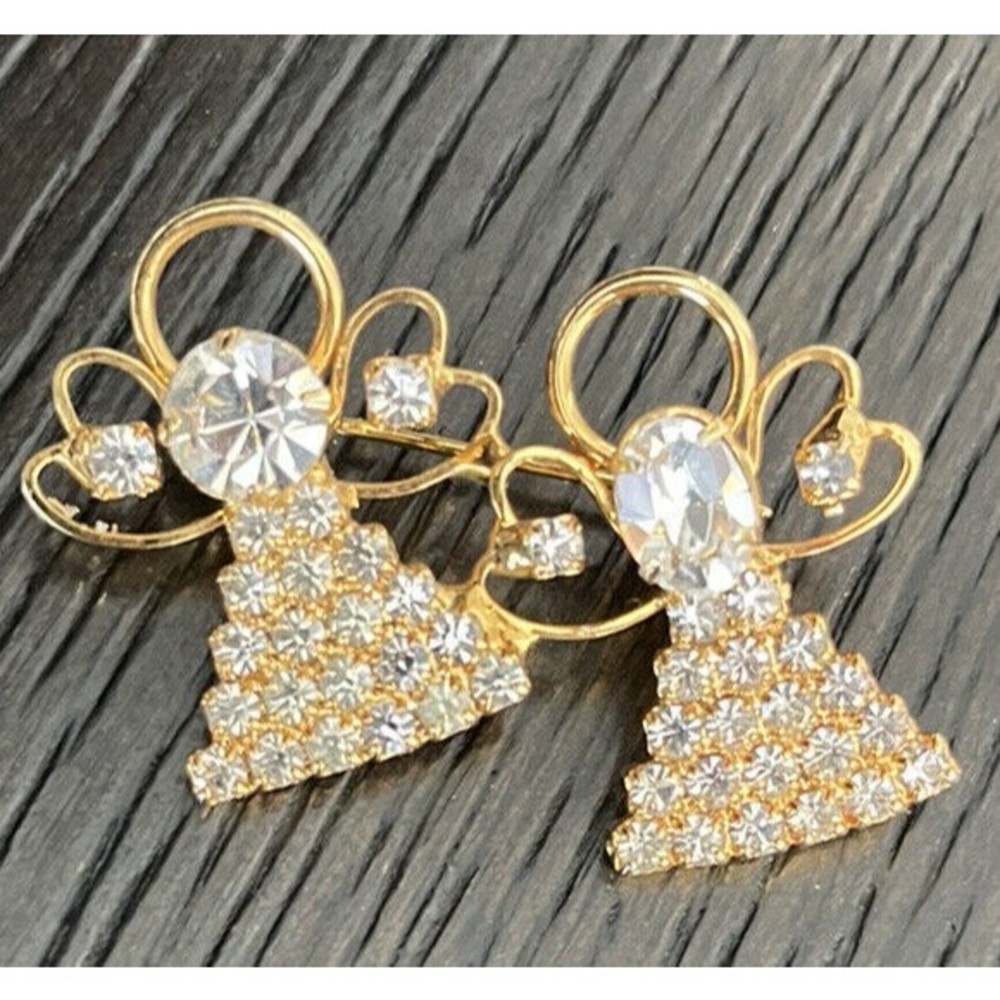 Winged Angels Clear Rhinestone Gold Tone Christmas Brooch Pin
